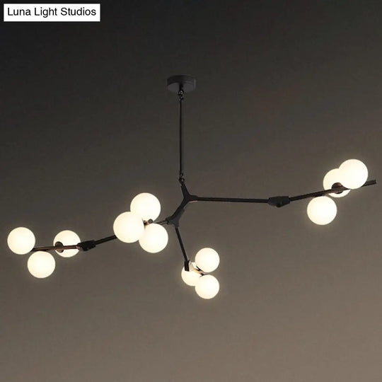 Sleek Metal Chandelier | Minimalistic Tree Branch Suspension Light With White Glass Ball Shade For