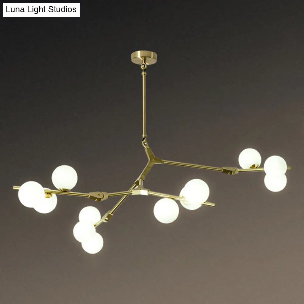 Sleek Metal Chandelier | Minimalistic Tree Branch Suspension Light With White Glass Ball Shade For