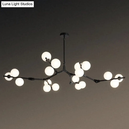 Sleek Metal Chandelier | Minimalistic Tree Branch Suspension Light With White Glass Ball Shade For