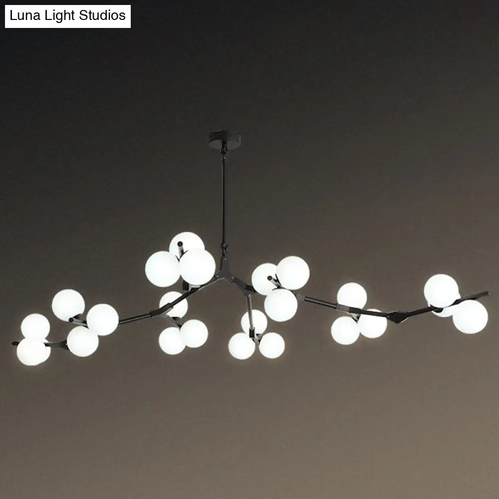Sleek Metal Chandelier | Minimalistic Tree Branch Suspension Light With White Glass Ball Shade For