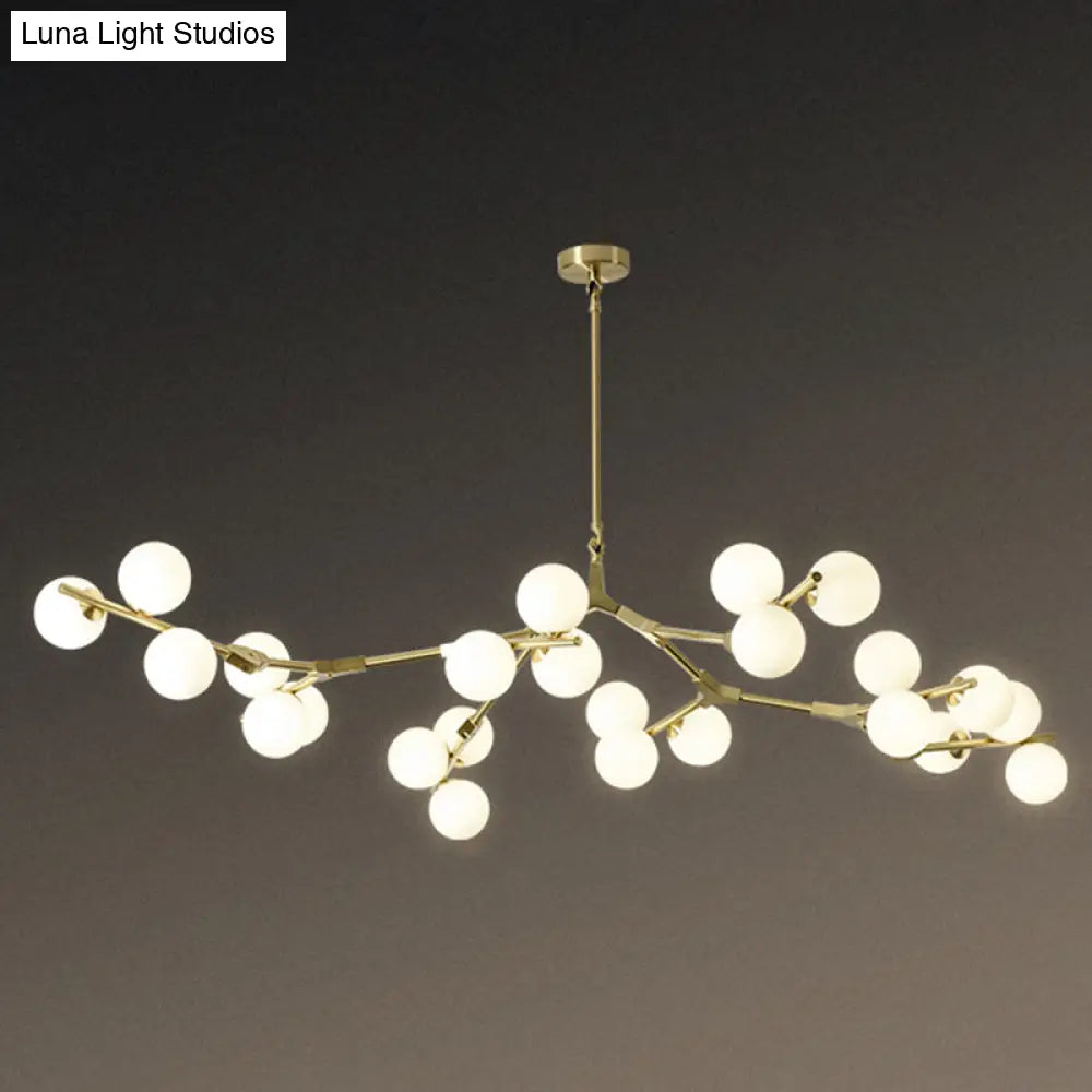Sleek Metal Chandelier | Minimalistic Tree Branch Suspension Light With White Glass Ball Shade For