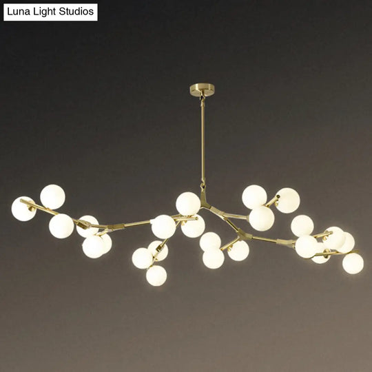 Sleek Metal Chandelier | Minimalistic Tree Branch Suspension Light With White Glass Ball Shade For