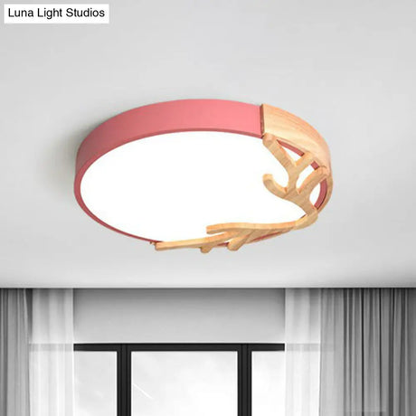 Sleek Metal Circle Led Flush Mount Ceiling Light - Ultra-Thin Design With Wooden Antler Accent
