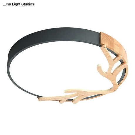 Sleek Metal Circle Led Flush Mount Ceiling Light - Ultra-Thin Design With Wooden Antler Accent