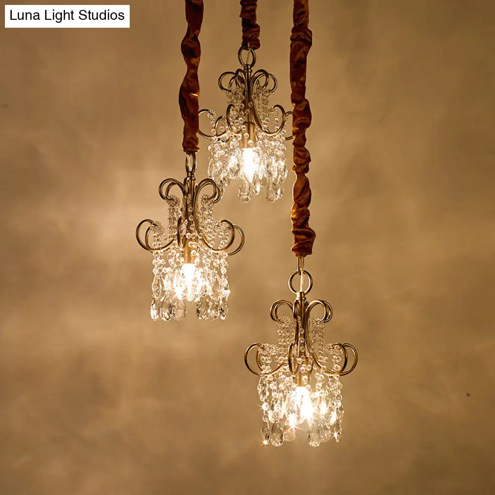 Simplistic Gold Metal Curvy Arm Multi Pendant Light With Crystal Strands - 3 Heads Ceiling Lighting
