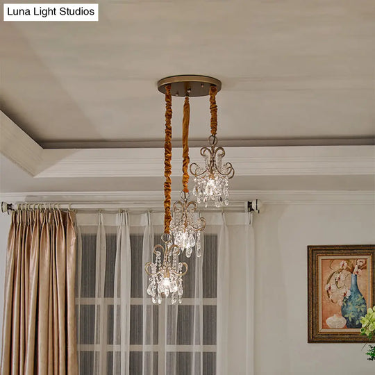 Sleek Metal Curvy Arm Pendant Light - Simplicity 3 Gold Heads Crystal Strands