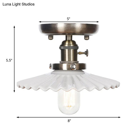 Sleek Metal Semi Flush Mount Industrial Light Fixture With 1 Bulb For Living Room In White/Clear