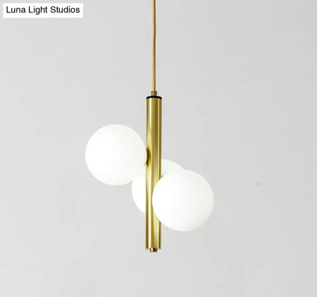 Sleek Minimalist Glass Chandelier - Modern Linear Fixture With 3 Spherical Frosted Lights
