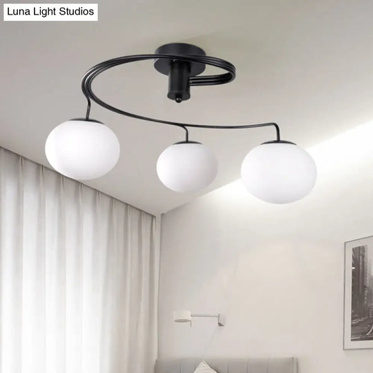 Modernist Milk Glass 3-Light Semi Flush Black Ceiling Mount Fixture For Bedroom