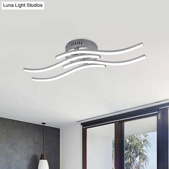 Sleek Nickel Finish 4-Wavy Linear Semi Flush Mount Led Ceiling Light For Bedroom - Warm/White Glow /