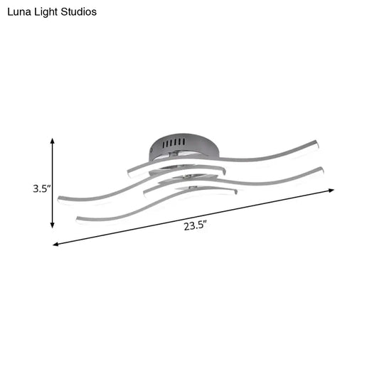 Sleek Nickel Finish 4 - Wavy Linear Semi Flush Mount Led Ceiling Light For Bedroom - Warm/White Glow