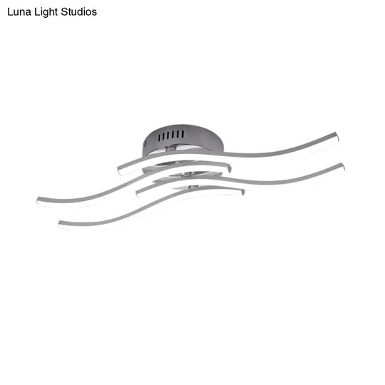 Sleek Nickel Finish 4 - Wavy Linear Semi Flush Mount Led Ceiling Light For Bedroom - Warm/White Glow