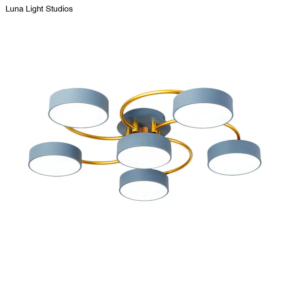 Sleek Nordic Grey Led Ceiling Lamp With Gold Spiral Arm - Small Drum Iron Semi Flush Light Fixture