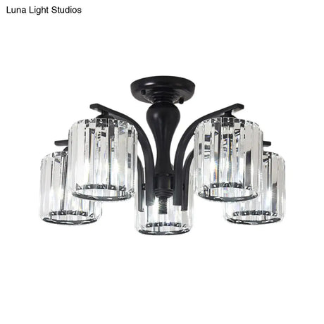 Sleek Nordic Metal Black Ceiling Light Fixture With Crystal Shade - Cylinder Semi Flush Mount 3/5