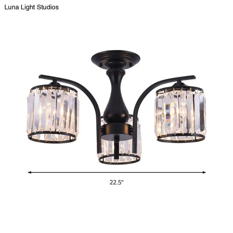 Sleek Nordic Metal Black Ceiling Light Fixture With Crystal Shade - Cylinder Semi Flush Mount 3/5