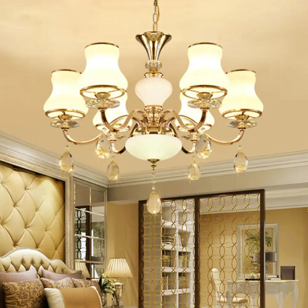 Sleek Opal Glass 6-Light Bedroom Crystal Chandelier – Champagne Bell Design