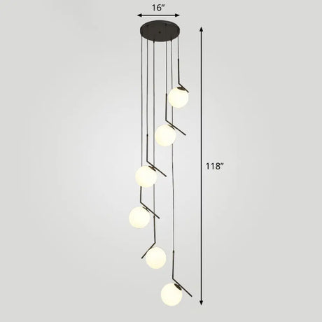 Sleek Opal Glass Globe Spiral Stairwell Pendant Light 6 / Black