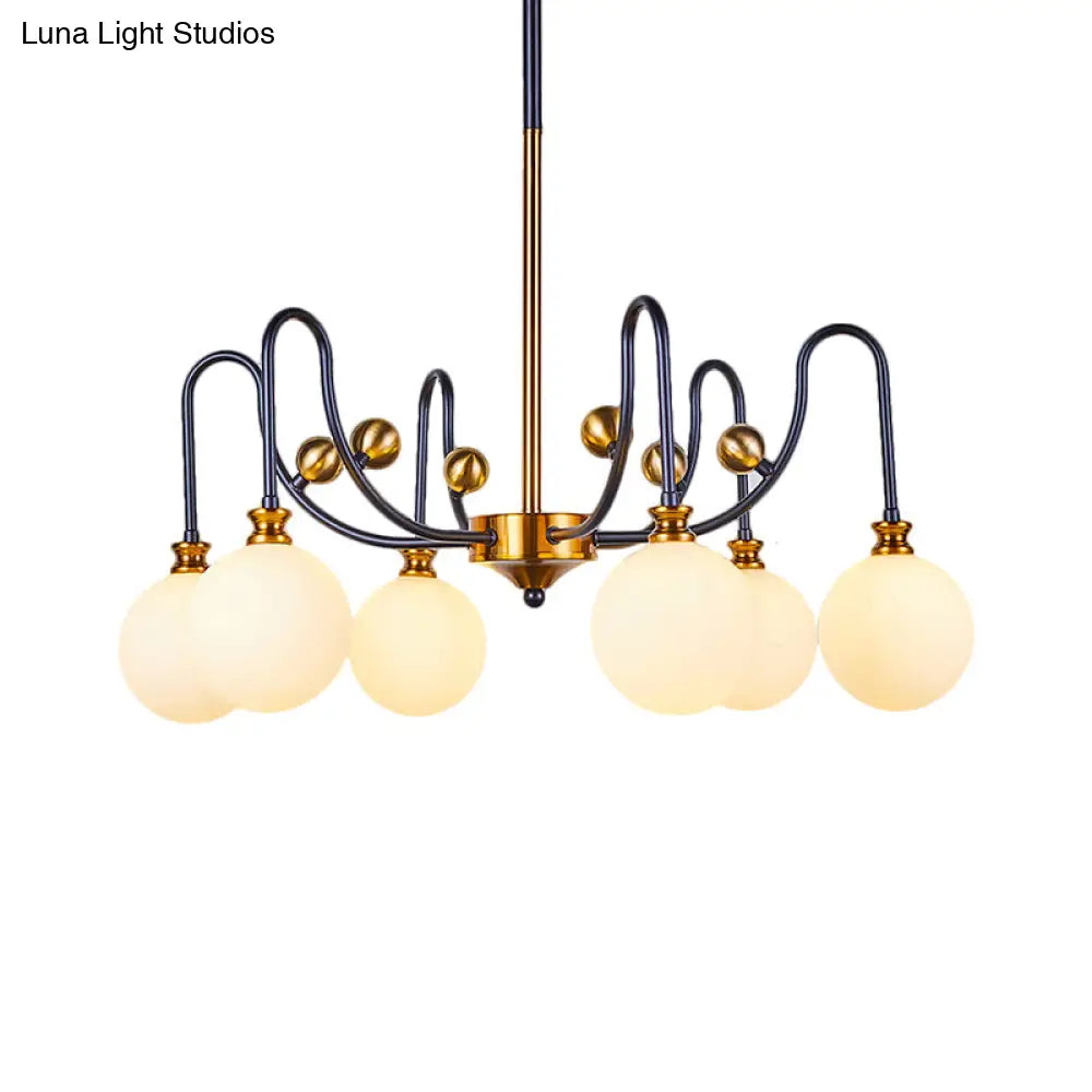 Sleek Opal Glass Pendant Chandelier - Modernist Spherical Down Lighting Black-Gold Finish 6/9 Bulb