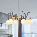 Sleek Opal Glass Pendant Chandelier - Modernist Spherical Down Lighting Black-Gold Finish 6/9 Bulb