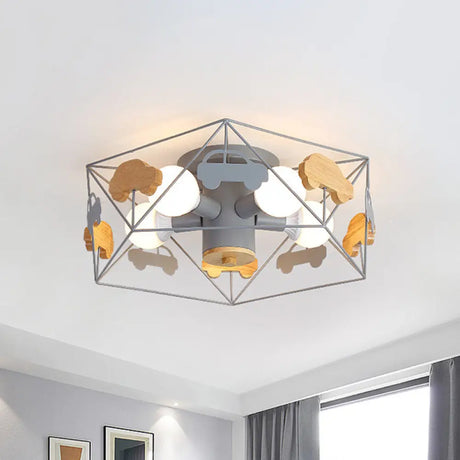 Sleek Pentagon Frame Semi-Mount Metal Lighting Macaron In Grey/Green/Pink Finish – 5 Bulbs