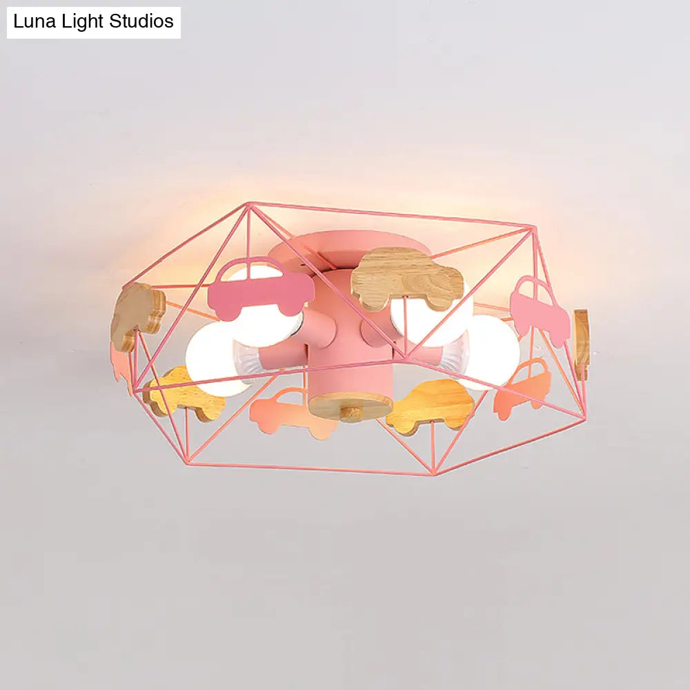 Sleek Pentagon Frame Semi-Mount Metal Lighting Macaron In Grey/Green/Pink Finish – 5 Bulbs