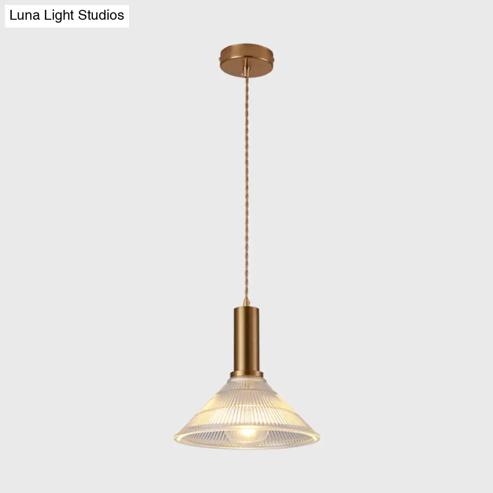 Simple Style Ribbed Glass Pendant Light Fixture For Bedroom Brass / Cone