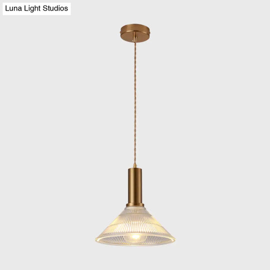 Simple Style Ribbed Glass Pendant Light Fixture For Bedroom Brass / Cone