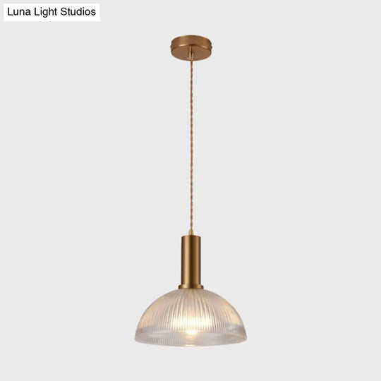 Sleek Single-Bulb Hanging Lamp With Ribbed Glass Shade: Elegant Pendant Light For Bedrooms Brass /