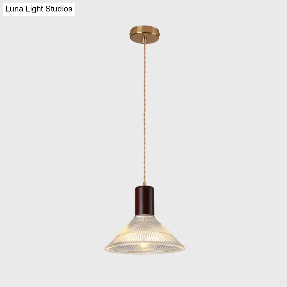 Sleek Single-Bulb Hanging Lamp With Ribbed Glass Shade: Elegant Pendant Light For Bedrooms Brown /