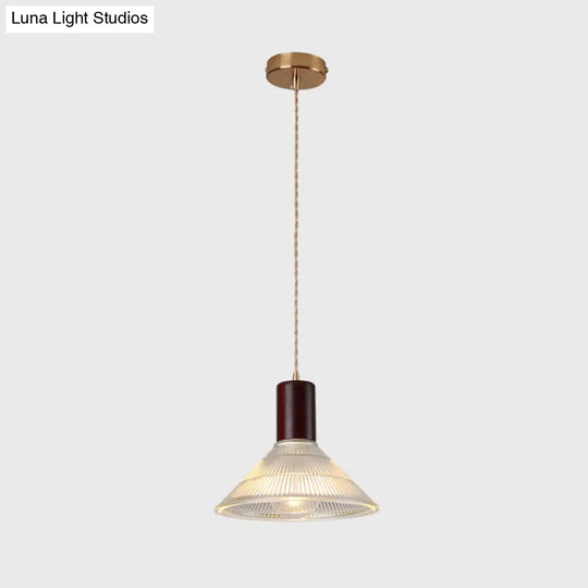 Sleek Single-Bulb Hanging Lamp With Ribbed Glass Shade: Elegant Pendant Light For Bedrooms Brown /