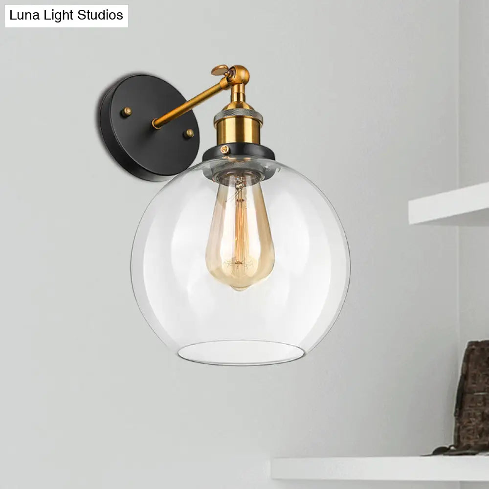 Sleek Spherical Brass Wall Light Fixture With Clear Glass - Industrial Style 1-Light Sconce Lamp For