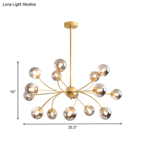 Sleek Spherical Chandelier: Postmodern Smoke Gray/Cognac Glass 15 Bulbs Gold Ceiling Fixture