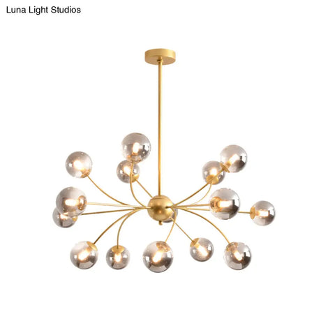 Sleek Spherical Chandelier: Postmodern Smoke Gray/Cognac Glass 15 Bulbs Gold Ceiling Fixture