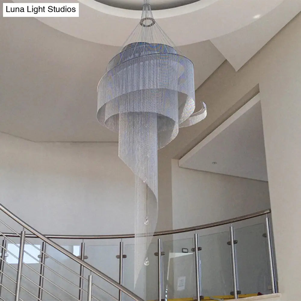 Sleek Spiral Tassel Chandelier - Modern Metal 4-Light Ceiling Light For Hall Silver