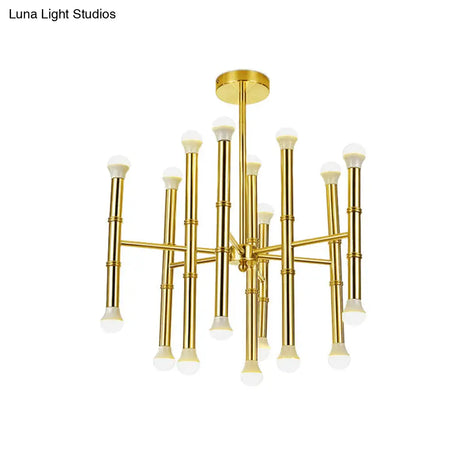 Sleek Tube Chandelier Gold Pendant Light - Modern Metallic 18-Bulb Ceiling Fixture For Living Room
