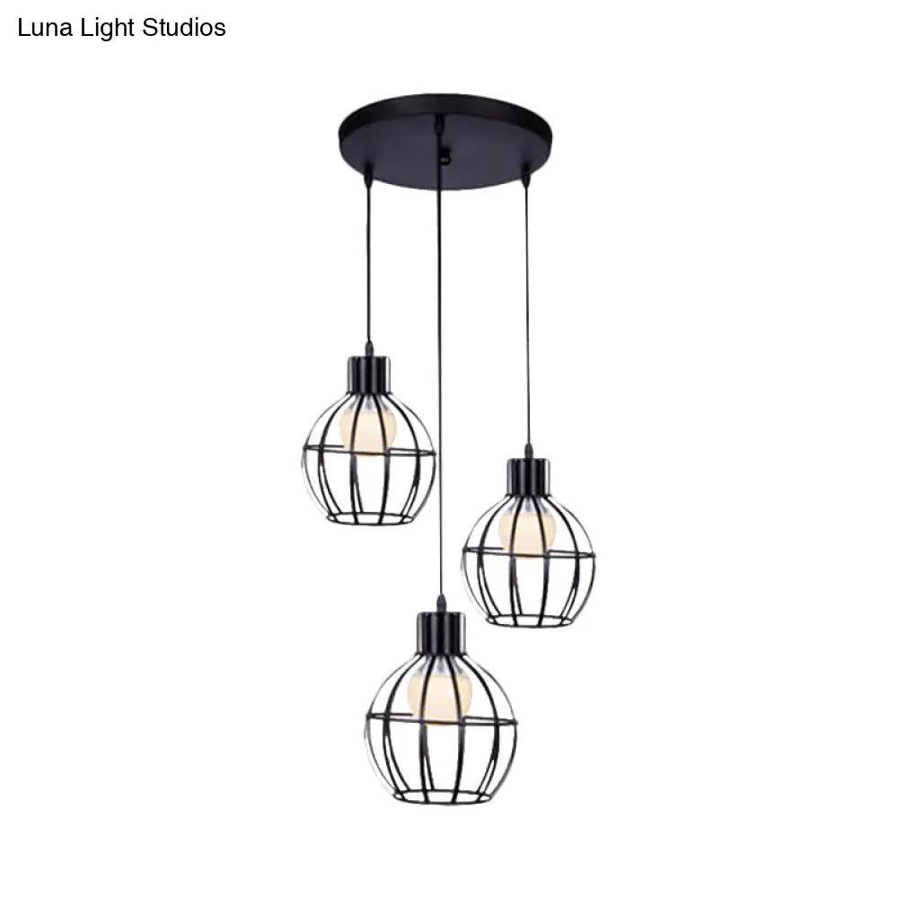 Sleek Vintage Black Metallic Ceiling Lamp - Global Suspended Light With Cage Shade