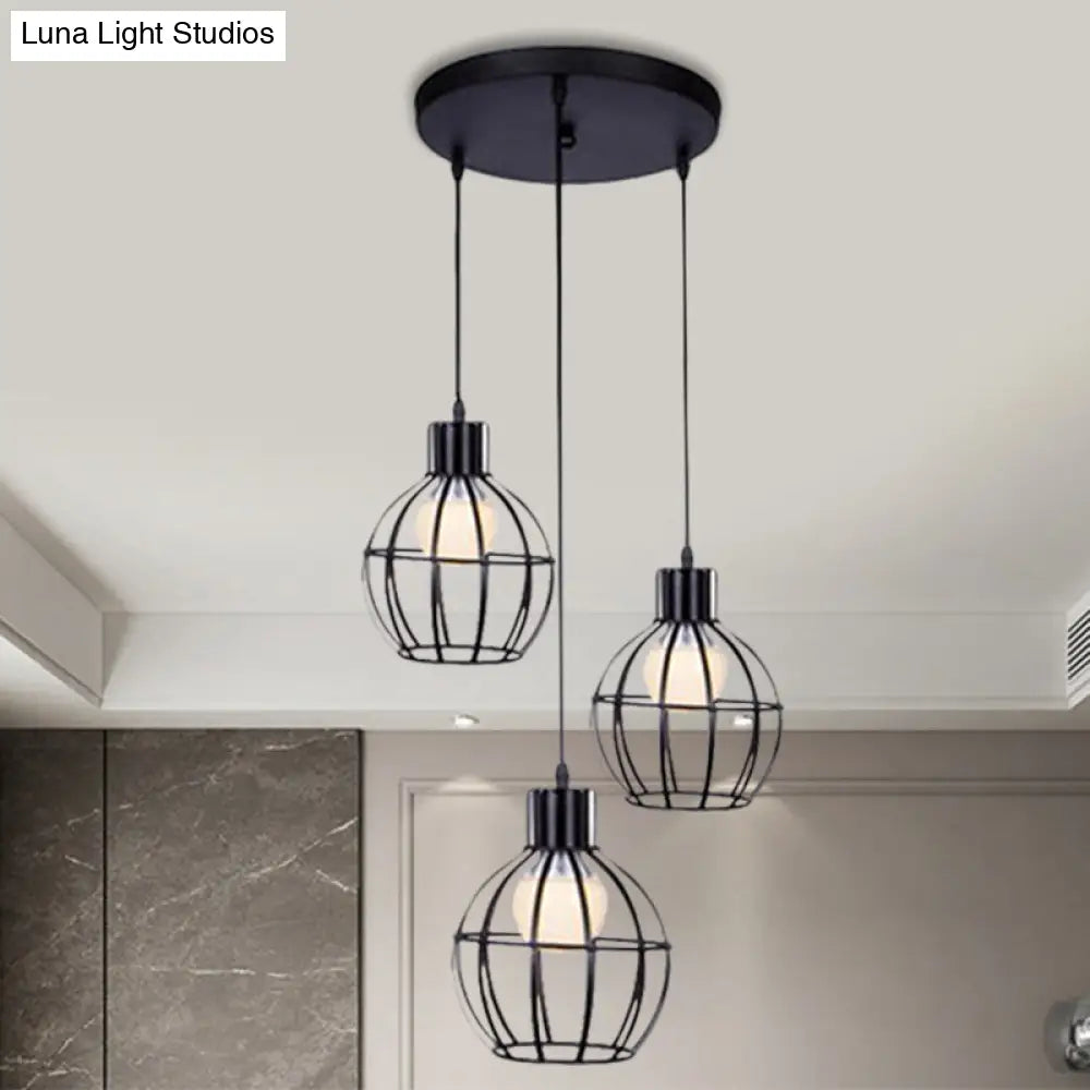 Vintage Black Cage-Style Suspended Ceiling Lamp By 3 Lights Global