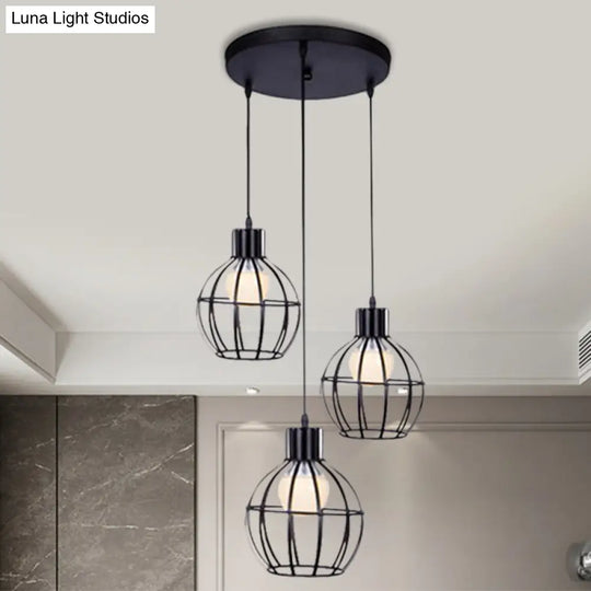 Sleek Vintage Black Metallic Ceiling Lamp - Global Suspended Light With Cage Shade