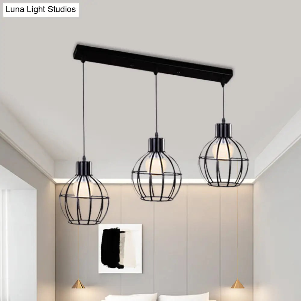 Sleek Vintage Black Metallic Ceiling Lamp - Global Suspended Light With Cage Shade