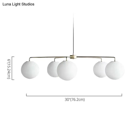 Sleek White Glass Spherical Chandelier - 5-Light Modern Minimalist Ceiling Fixture For Living Room