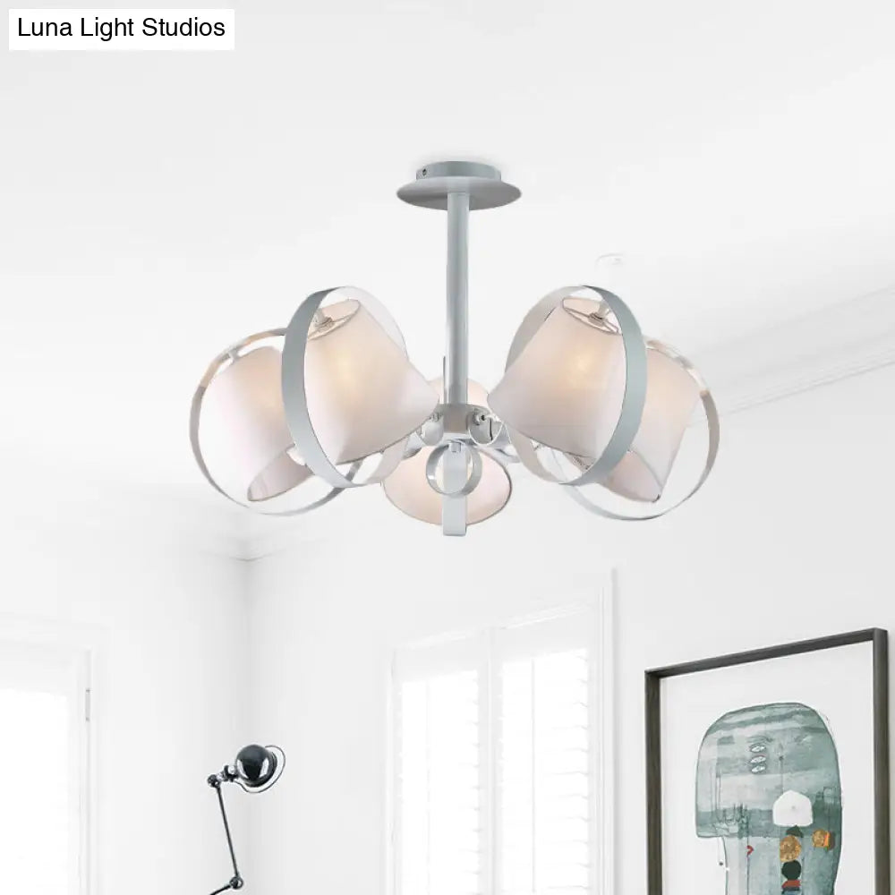 Sleek White Kitchen Flush Mount With 5 Fabric - Head Semi Light And Metal Cage