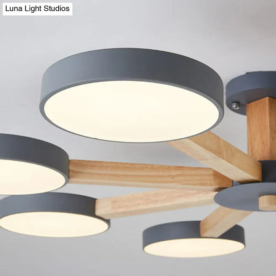 Sleek Wooden Living Room Ceiling Light: 8-Head Macaron Semi Flush Mount With Acrylic Shade