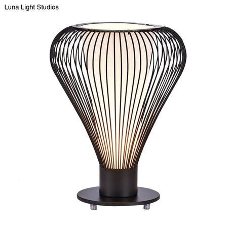 Small Desk Lamp With Led Reading Light Modern Iron Pear Cage Design Black Finish Cone White Glass