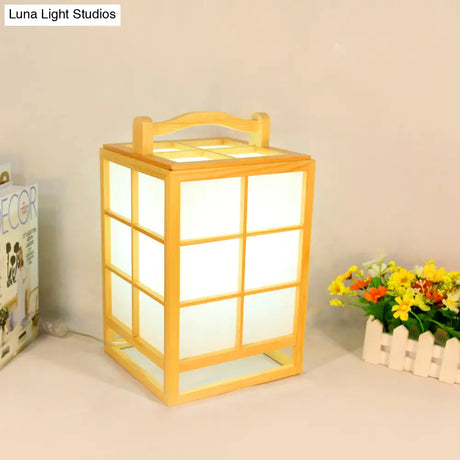 Small Japanese Light Wood Desk Lamp: Rectangular Table With Handle Beige Finish
