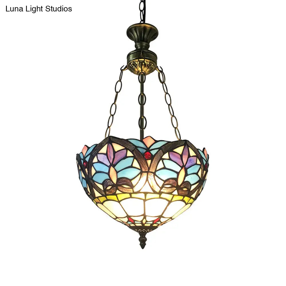 Small LED Pendant Lights Antique Brass Ceiling Fixture with Adjustable 2 Lights and Stained Glass Shade in Baroque
