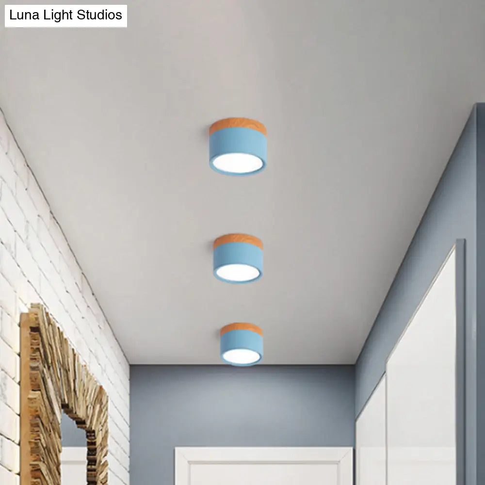 Small Macaron Metal Flush Mount Ceiling Light For Kitchen Bar - Yellow/Blue/Black & Wood Blue
