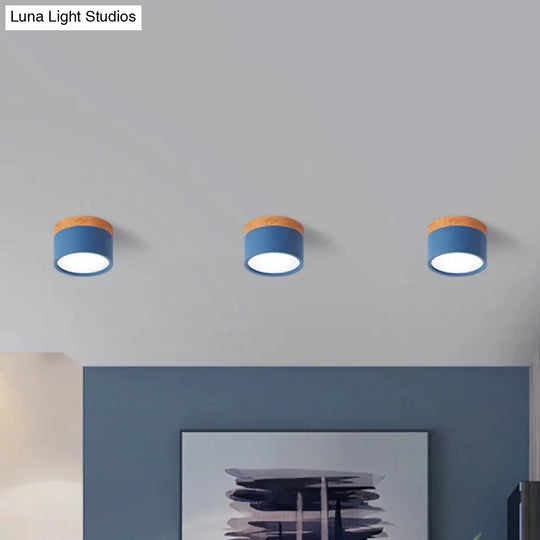 Small Macaron Metal Flush Mount Ceiling Light For Kitchen Bar - Yellow/Blue/Black & Wood Dark Blue