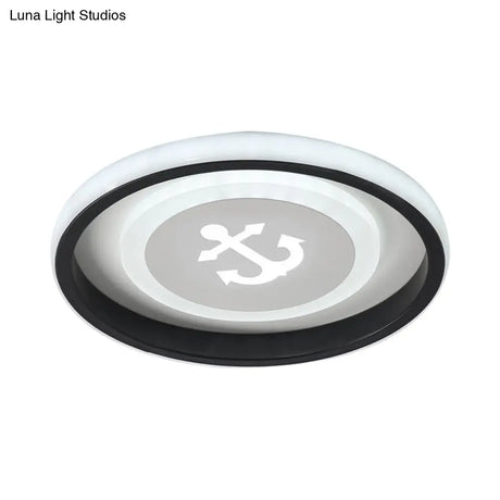 Smile/Anchor/Panda Pattern Circular Led Flush Ceiling Mount Lamp In Cartoon Acrylic Black