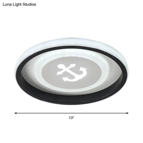 Smile/Anchor/Panda Pattern Circular Led Flush Ceiling Mount Lamp In Cartoon Acrylic Black
