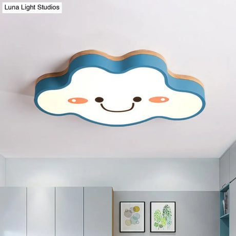 Smiling Cloud Led Flush Mount Ceiling Light - Frosted Acrylic Bedroom Lighting Fixture For Kids Blue